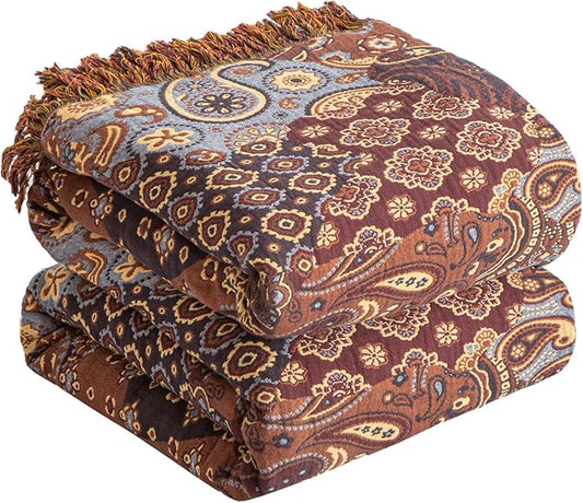 Boho Throw Blanket 100% Cotton Woven Ultra Soft 4-Layer Muslin Quilt Farmhouse Bed Blanket Cover 80"x90", Patchwork Floral