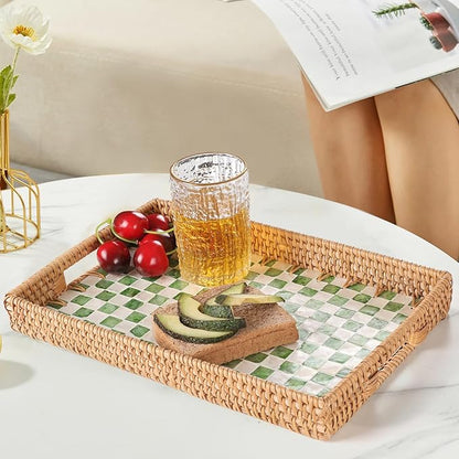 Rectangle Rattan Tray with Mother of Pearl Inlay, Rattan Serving Tray with Handle for Coffee, Bread, Fruits, Decorative Wicker Tray for Table Decor (Rectangle Green Checkerboard, 13"×9")