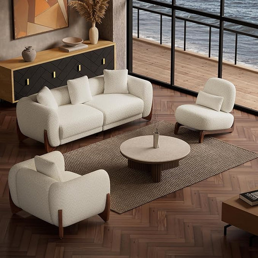 Morden Fort 3 Piece Boucle Sofa Set, Modern Upholstered Couch Set Durable Comfy Boucle Pet-Friendly, ArmlessChair & Arm Chair & 3-Seater Sofas Set for Living Room Bedroom Apartment, Beige