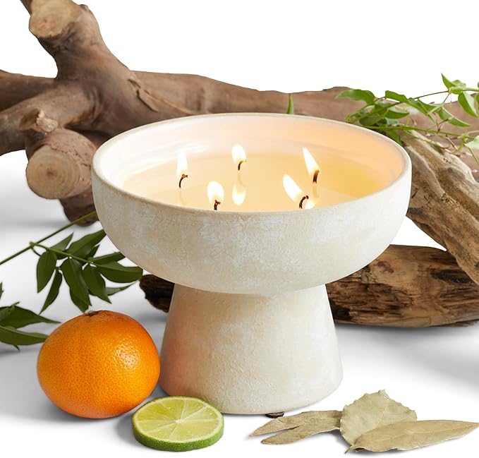 BLUEME Nostalgia - Bergamot & Musk, Luxury Candle w/Essential Oils, 5 Wick, Hand-Poured Soy, Cotton Wick, Ceramic