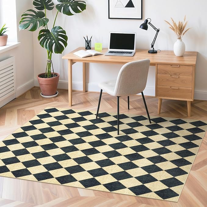LIVEBOX 5x7 Checkered Rugs for Living Room, Washable Diamond Rug Non-Slip Modern Neutral Geometric Plaid Area Rugs for Bedroom, Low Pile Farmhouse Carpet for Office Kids Room Classroom Dorm, Black