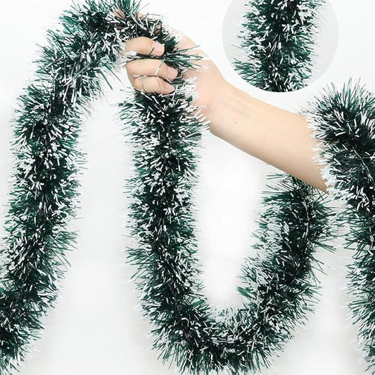 50 Feet Green White Christmas Tinsel Garland Metallic Twist Shiny Garland for Christmas Tree Decorations, Xmas Hanging Decor Xmas Tree Decor for Home Office Mantle Indoor Outdoor Holiday Party