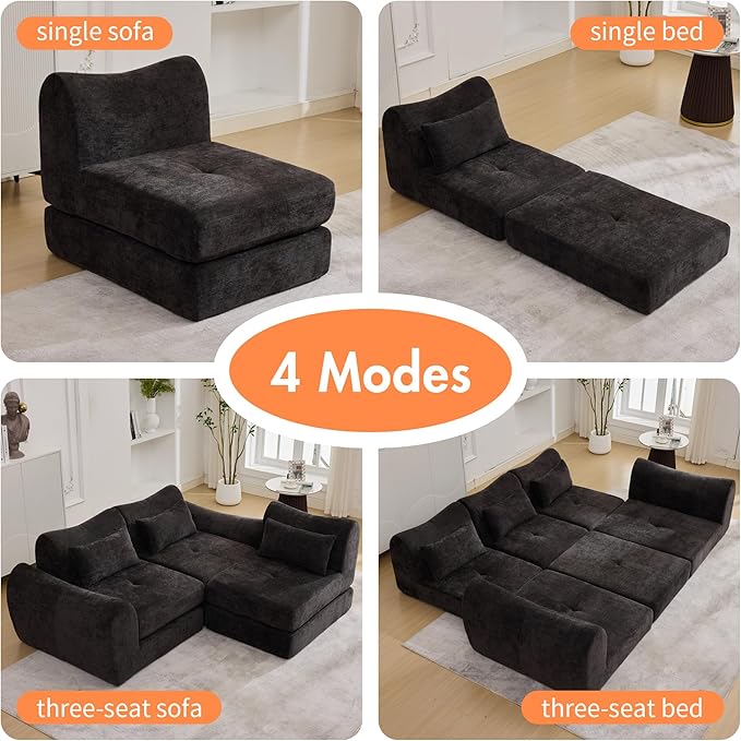 101.6" Modular Sectional Cloud Sofa,Floor Boneless Couch, 4-in-1 Folding Convertible Sofa Bed, Modular Cushion Couch,Suitable for Living Room,Bedroom and Recreation Room (Black)