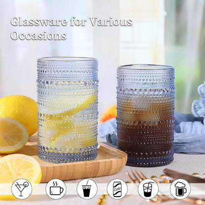 Blue Hobnail Glasses Drinking Set of 4, 12 oz Cocktail Glasses, Blue Vintage Glassware for Beer, Cocktail, Soda, Juice, Coffee and Various Mixed Drinks