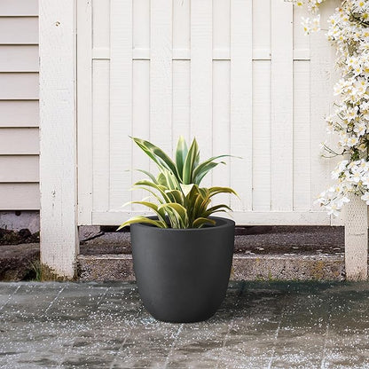 Kante 10 Inch Dia Round Concrete Planter, Indoor Outdoor Large Plant Pot with Drainage Hole and Rubber Plug for Home Patio Garden, Black