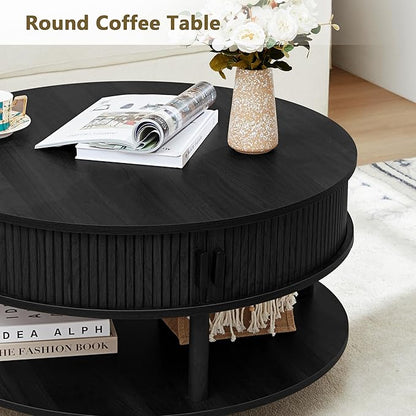 31.5” Round Coffee Table with Storage, Mid Century Modern 2 Tier Coffee Table with Tambour Sliding Door, Solid Wood Legs Fluted Center Table for Living Room Home Office Small Space, Black