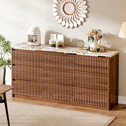 Fluted Dresser for Bedroom with 9 Drawers,62.99" Modern Chest of Drawers with Faux Marble Top, Curved Profile Design,Dresser TV Stand, Wood Drawer Organizer for Living Room, Hallway, Brown