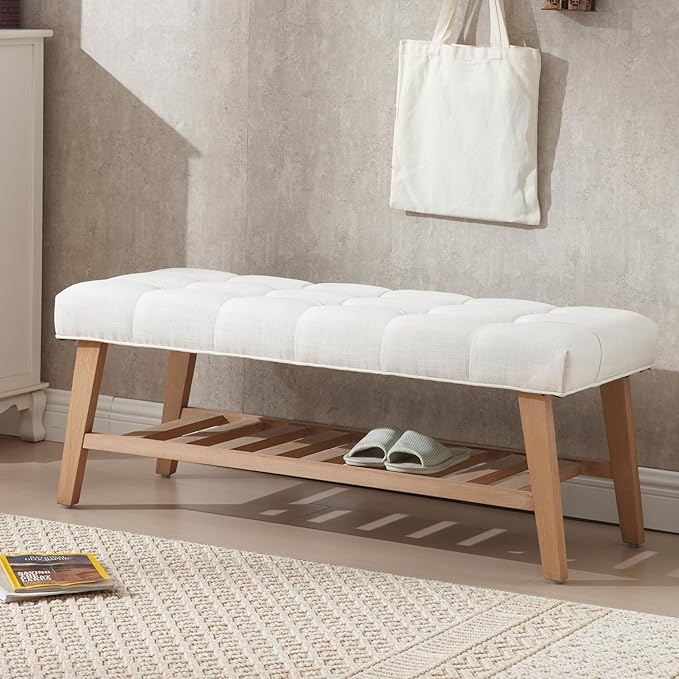 Wooden Entryway Bench for End of Bed Bench with Shoe Shelf Farmhouse Button Tufted Linen Fabric Upholstered Hallway Bench for Living Room/Bedroom/Hallway/Window Corner, Ivory