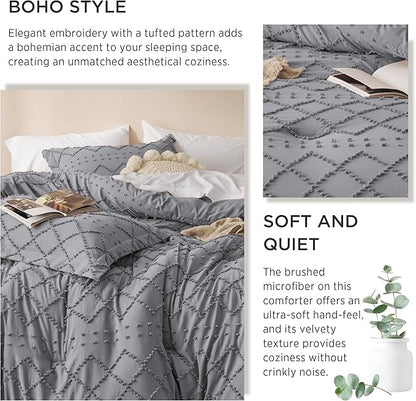 Bedsure Twin Comforter Set - Grey Comforter, Boho Tufted Shabby Chic Bedding for Kids, 2 Pieces Vintage Farmhouse Bed Set for All Seasons, Fluffy Soft Bedding with 1 Pillow Sham