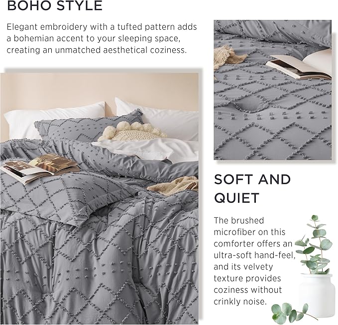 Bedsure Full Comforter Set - Grey Comforter, Boho Tufted Shabby Chic Bedding for Kids, 3 Pieces Vintage Farmhouse Bed Set for All Seasons, Fluffy Soft Bedding with 2 Pillow Shams