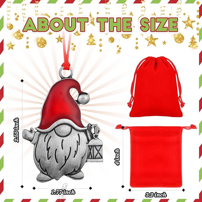 Zhengmy 8 Pieces Christmas Ornaments 2025 Solid Pewter Christmas Tree Ornament Metal Gnomes Santa Angel Snowman Hanging Craft Xmas Gifts with Red Bags(Vivid)