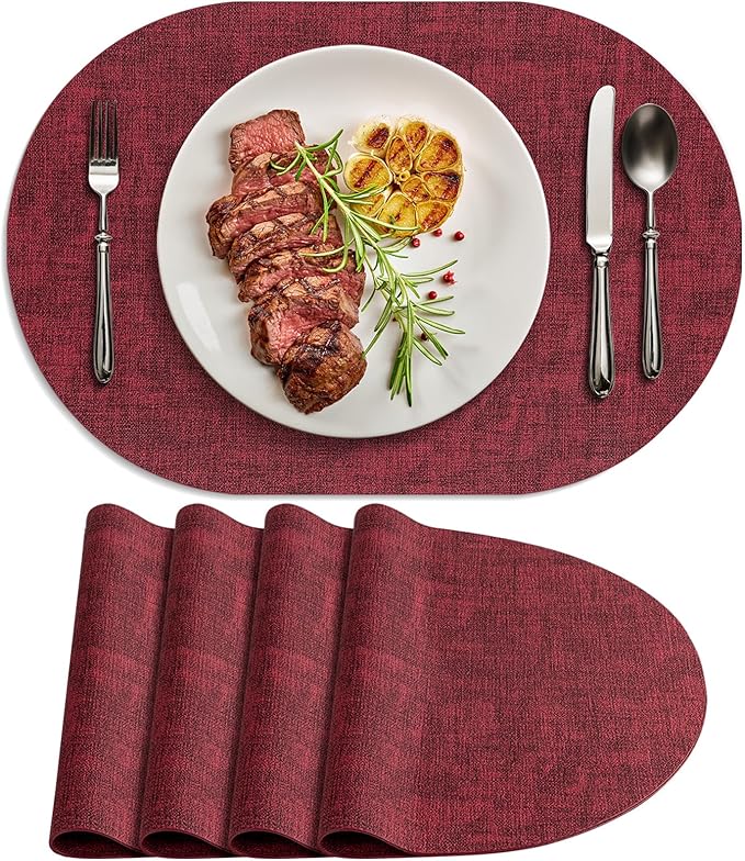 Placemats for Dining Table Set of 4 Non-Slip, Heat Resistant Oval Leather Placemat Double Layer, Waterproof Table Mats Easy to Clean for Kitchen Dining Room Coffee Office Table, Wine Red