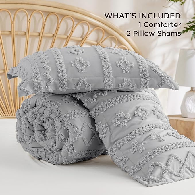 Bedsure Tufted Boho Comforter Set Queen Size - Light Grey Boho Bed Set, GentleSoft™ 3 Pieces Farmhouse Shabby Chic Embroidery Bedding, Gifts for Woman, Soft Jacquard Queen Comforter for All Seasons