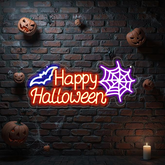 Happy Halloween Neon Sign, Halloween Hanging Neon Sign for Bat Neon Light Halloween Bedroom Kids Room Bar Club Decoration Gift Seasonal Outdoor Party Backdrop Haunted House Decor Banner