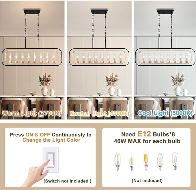 Dining Room Light Fixture, 8 Lights Modern Farmhouse Chandelier Kitchen Island Lights Black and Gold Linear Chandeliers for Dining Room, 46" Large Pendant Lights with Clear Glass