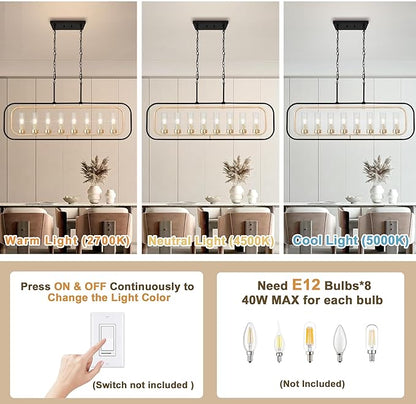 Dining Room Light Fixture, 8 Lights Modern Farmhouse Chandelier Kitchen Island Lights Black and Gold Linear Chandeliers for Dining Room, 46" Large Pendant Lights with Clear Glass