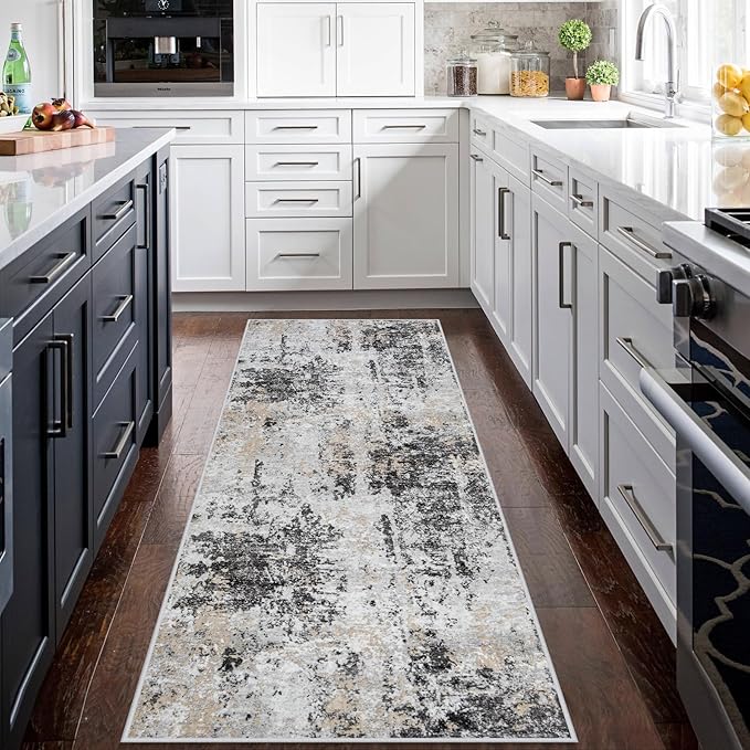 Runner Rug for Hallways Kitchen 2'6"x8' Washable Non Slip: Carpet Non Skid 8ft Entryway Rubber Backed 8 Feet Neutral Abstract Modern Rug Low Pile Pet Friendly Indoor Black Grey Gold