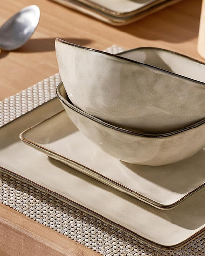Famiware Dinnerware Sets for 8, Ocean Square 24-Piece Kitchen Plates and Bowls Sets, Microwave and Dishwasher Safe, Scratch Resistant, Light khaki