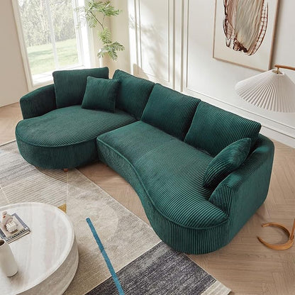 122'' Modern Curved Cloud Sofa Luxury Living Room 5 Seater Sectional Sofa Curve Design Comfortable Upholstered Sofas with Toffee Chair for Living Room Bedroom Apartment(Corduroy+Left Facing, Green)