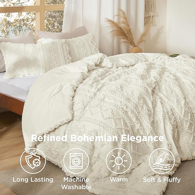 Bedsure Tufted Boho Comforter Set King Size - Ivory Boho Bed Set, GentleSoft™ 3 Pieces Farmhouse Shabby Chic Embroidery Bedding, Gifts for Woman, Soft Jacquard King Comforter for All Seasons