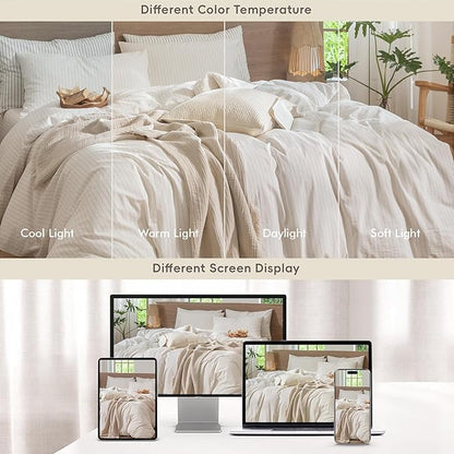 MooMee Striped Duvet Cover Set 100% Washed Cotton Linen Like Textured Breathable Durable Soft Comfy (White Almond Milk Grey Wide Stripes, Oversized King Plus 128"x120")