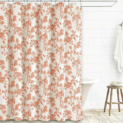 Orange Shower Curtain Floral Cotton Linen Cottagecore Shower Curtain for Bathroom 72" W x 72" L
