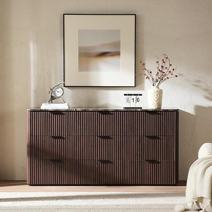 Fluted 9 Drawer Dresser for Bedroom, 63" Wide Modern Chest of Drawers with Faux Marble Top, Curved Corners, Wooden Dresser TV Stand with Organizer Storage for Living Room (Dark Oak, 63" W)