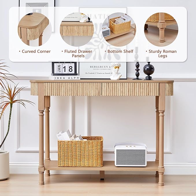 43.3'' Fluted Console Table for Entryway, Narrow Entryway Tables with 2 Wooden Drawers, Retro Sofa Table Behind Couch Accent Tables for Foyer, Living Room, Hallway (Natural)