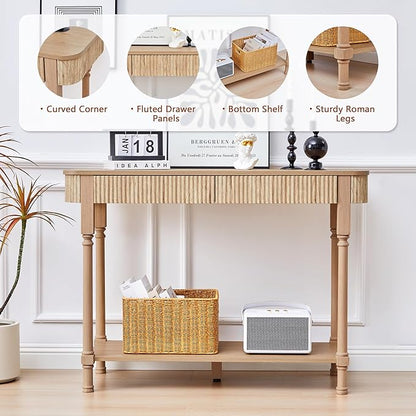 43.3'' Fluted Console Table for Entryway, Narrow Entryway Tables with 2 Wooden Drawers, Retro Sofa Table Behind Couch Accent Tables for Foyer, Living Room, Hallway (Natural)