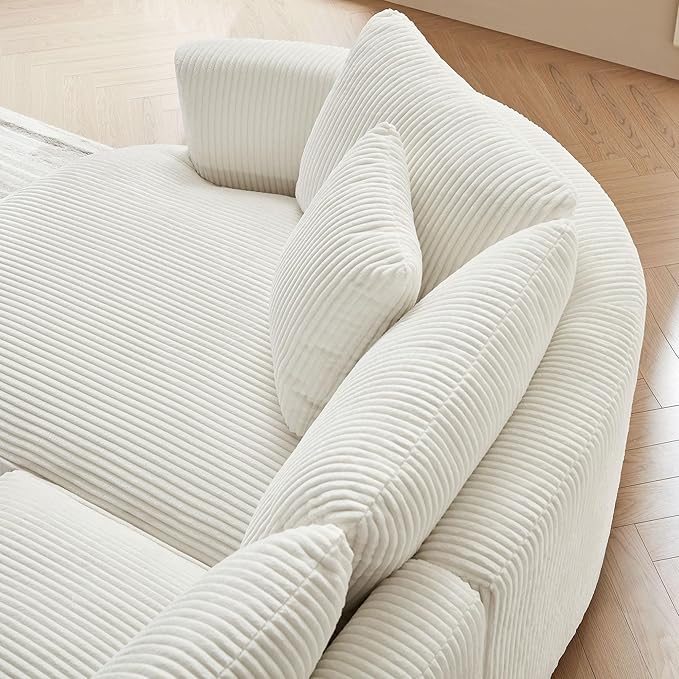 WILLIAMSPACE 122" Modern Curved Sofa Couch, Upholstery Oversized Cloud Sofa with Chaise & Pillows, Left Hand Facing Sectional Couch for Living Room (Left-Facing,White Corduroy)