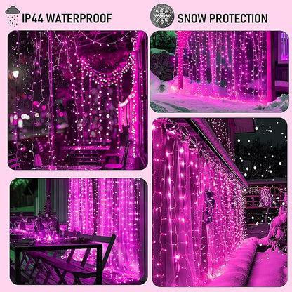 Dazzle Bright 300 LED Curtain String Lights, Valentine's Day Fairy Lights for Bedroom with 8 Lighting Modes, Connectable Waterproof Window Lights Party Wedding Garden Wall Christmas Decor, Pink