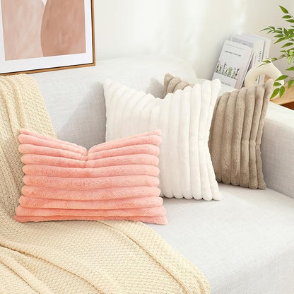 decorUhome Faux Fur Throw Pillow Covers 12x20 Set of 2, Decorative Soft Plush Striped Lumbar Neutral Euro Pillow Covers with Velvet Back for Bed, Living Room Home Decor, Blush Pink