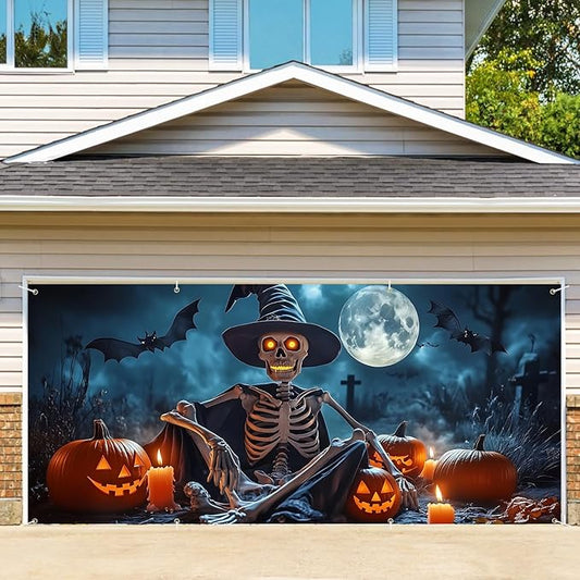 6 x 13 ft Halloween Garage Door Decorations Halloween decorations Witch Door Cover, Hanging Banner, Cauldron Backdrop Mural for Home, Outdoor, Indoor, Spooky Party, Wall, Window (Skull)