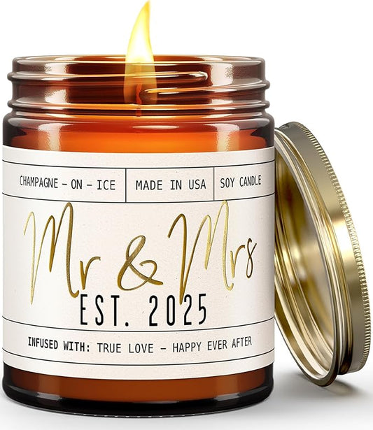 Wedding Gifts for Couples 2025, Bridal Shower Gifts from Bride - 'Mr & Mrs Est. 2025 Candle, w/Champagne on Ice I Wedding Shower for Newlyweds I 50Hr Burn, USA Made