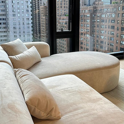 Acanva Luxury Modern Tight Curved Back Velvet Sofa, Minimalist Style Comfy Couch for Living Room Apartment, L-Shape Right Chaise, Cream