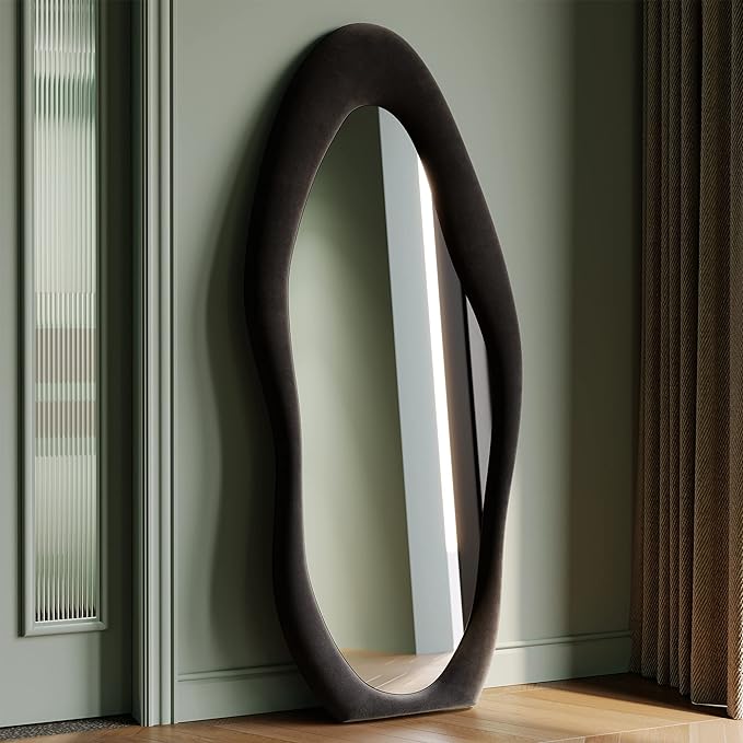 Honyee Full Length Mirror, 63" x 24" Wall Mirror, Flannel Wrapped Wooden Frame Floor Mirror, Irregular Wavy Mirror Hanging or Leaning Against Wall for Cloakroom/Bedroom/Living Room, Black