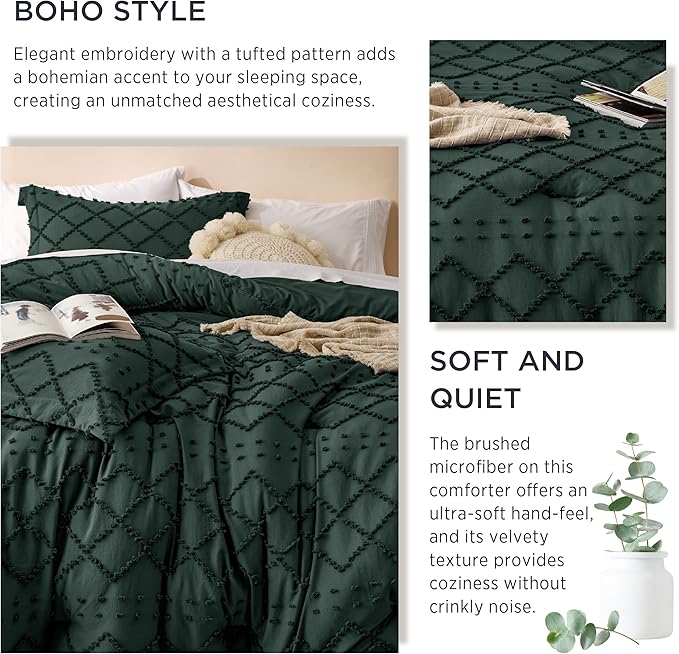 Bedsure Full Comforter Set - Forest Green Comforter, Boho Tufted Shabby Chic Bedding for Kids, 3 Pieces Vintage Farmhouse Bed Set for All Seasons, Fluffy Soft Bedding with 2 Pillow Shams