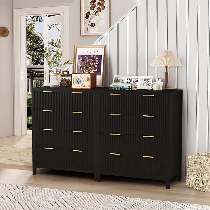4 Drawer Double Dressers for Bedroom with Waveform Fluted Panel Design, Modern Wide Chest of Drawers,Wood Storage Dresser Chest of Drawers for Bedroom Living Room Hallway Closet, Black 2 Sets