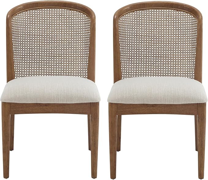 Christopher Knight Home Lilia Dining Chairs Set of 2, Modern Dining Chair with Fabric Upholstery, Rubberwood Frame Kitchen Chairs with Cane Webbing, Extra Seat for Dining Room, Beige + Walnut