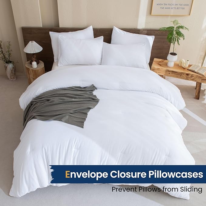 Paxrac Classic Pure White Comforter Queen Size, 3 Pieces Boho Comforter Set, Lightweight Solid Bedding Set, All Seasons Soft Breathable Queen Comforter Set (90x90In Comforter & 2 Pillowcases)