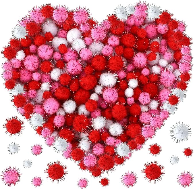 UPINS Valentine's Day Pom Poms Balls, 600 Pieces Pink Red Glitter Pom Poms Mixed Sizes Fluffy Pompoms for Crafts Making DIY Wedding Valentine's Day Party Decorations Supplies (3 Colors)
