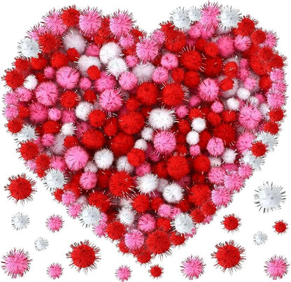 UPINS Valentine's Day Pom Poms Balls, 600 Pieces Pink Red Glitter Pom Poms Mixed Sizes Fluffy Pompoms for Crafts Making DIY Wedding Valentine's Day Party Decorations Supplies (3 Colors)