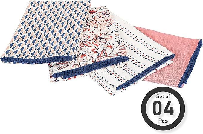 TARAN LIVING Printed Kitchen Dish Bar and Tea Towels Cotton, 18x28 inch with Trims, Cotton Dish Towel Sets (White & Peach, Set of 4)