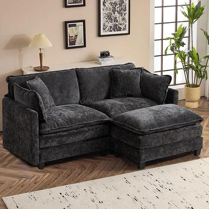 SoarFlash Chenille 71.6" Sectional Sofa, Comfy L Shaped Modular Coush Sofa with Ottoman, Modern 2 Seat Couch Deep Seat Sofa Set for Living Room,Black
