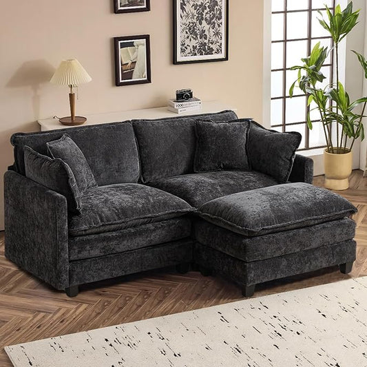 SoarFlash Chenille 71.6" Sectional Sofa, Comfy L Shaped Modular Coush Sofa with Ottoman, Modern 2 Seat Couch Deep Seat Sofa Set for Living Room,Black