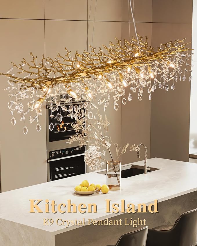 Modern Tree Branch Chandelier, 16 Lights Rectangular 59" Crystal Gold Chandeliers for Kitchen Island Dining Room Living Room