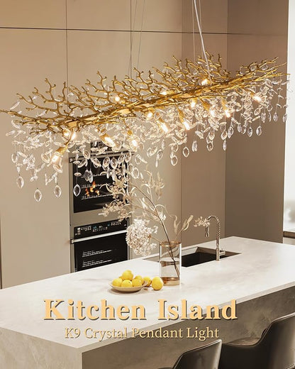 Modern Tree Branch Chandelier, 16 Lights Rectangular 59" Crystal Gold Chandeliers for Kitchen Island Dining Room Living Room