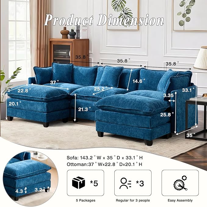 SoarFlash 107.4" Chenille Sectional Sofa, Comfy U Shaped Modular Coush Sofa with Ottoman, Modern 4 Seat Couch Deep Seat Sofa Set for Living Room,Blue