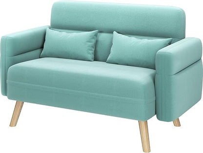 Yaheetech 46" Modern Fabric Loveseat Sofa Mid Century 2 Seater Couch Lumbar Pillows Solid Wood Legs, Aquamarine