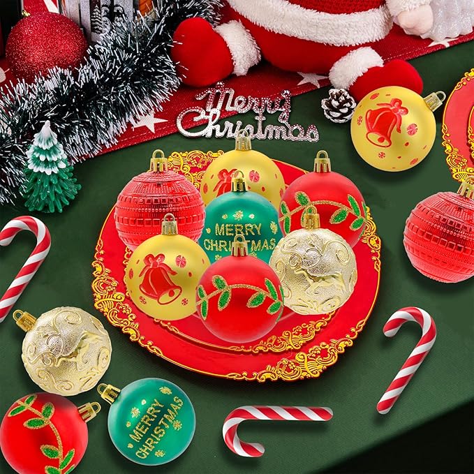 40PCS 2.36" Christmas Balls Ornaments, Plastic Christmas Tree Ornaments, Holiday Baubles, Hanging Decorations for Xmas Trees Holiday Party, Gold Red Green Baubles